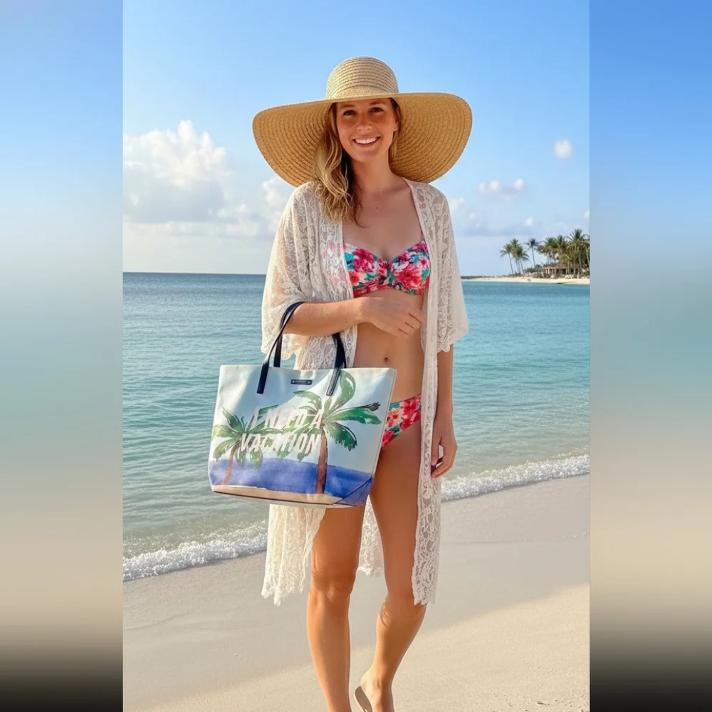 Kate Spade Palm Tree Print Tote in Light Blue, Green & Tan